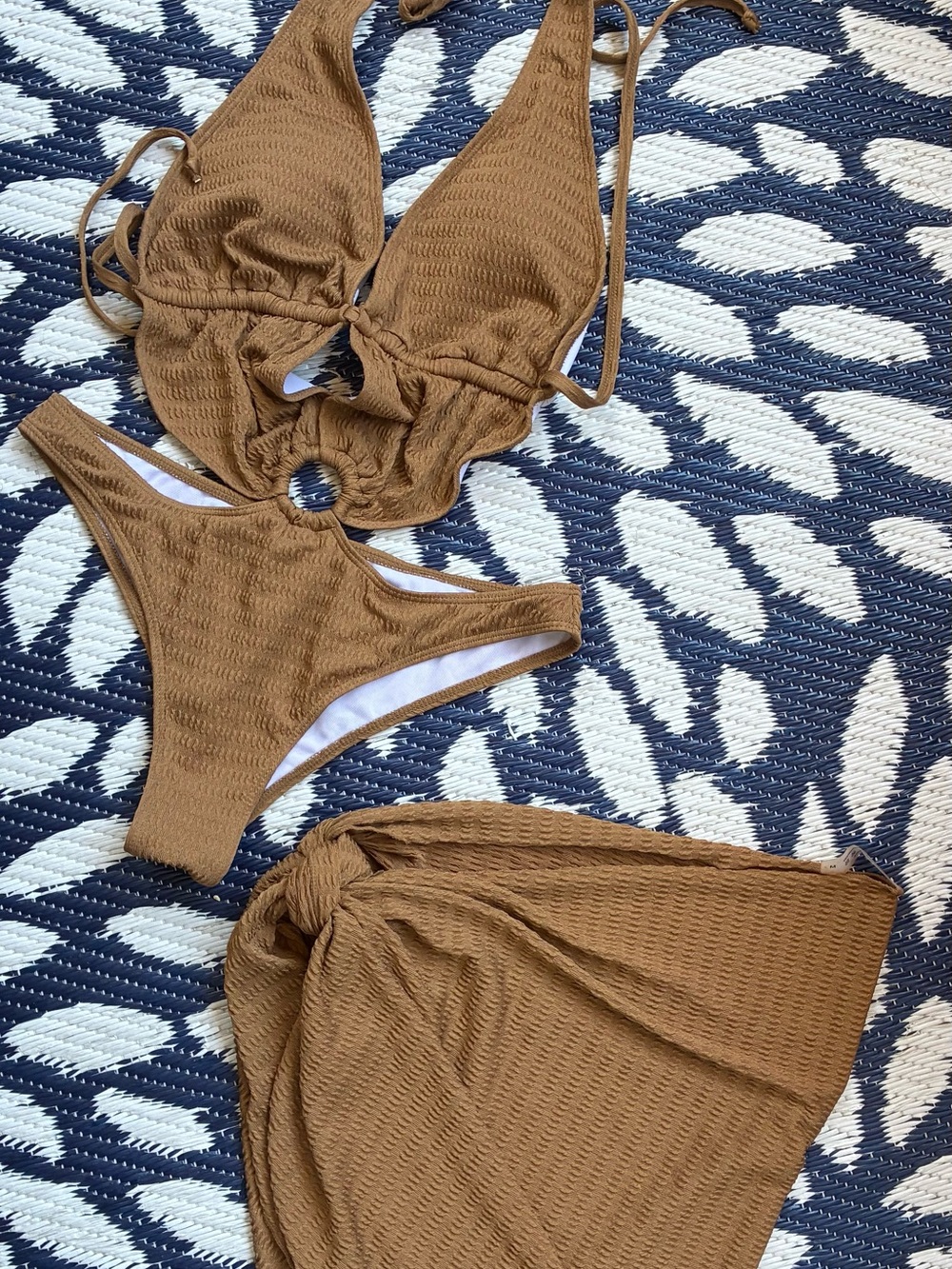 Textured Brown one piece cutout Bikini Set with Matching Sarong